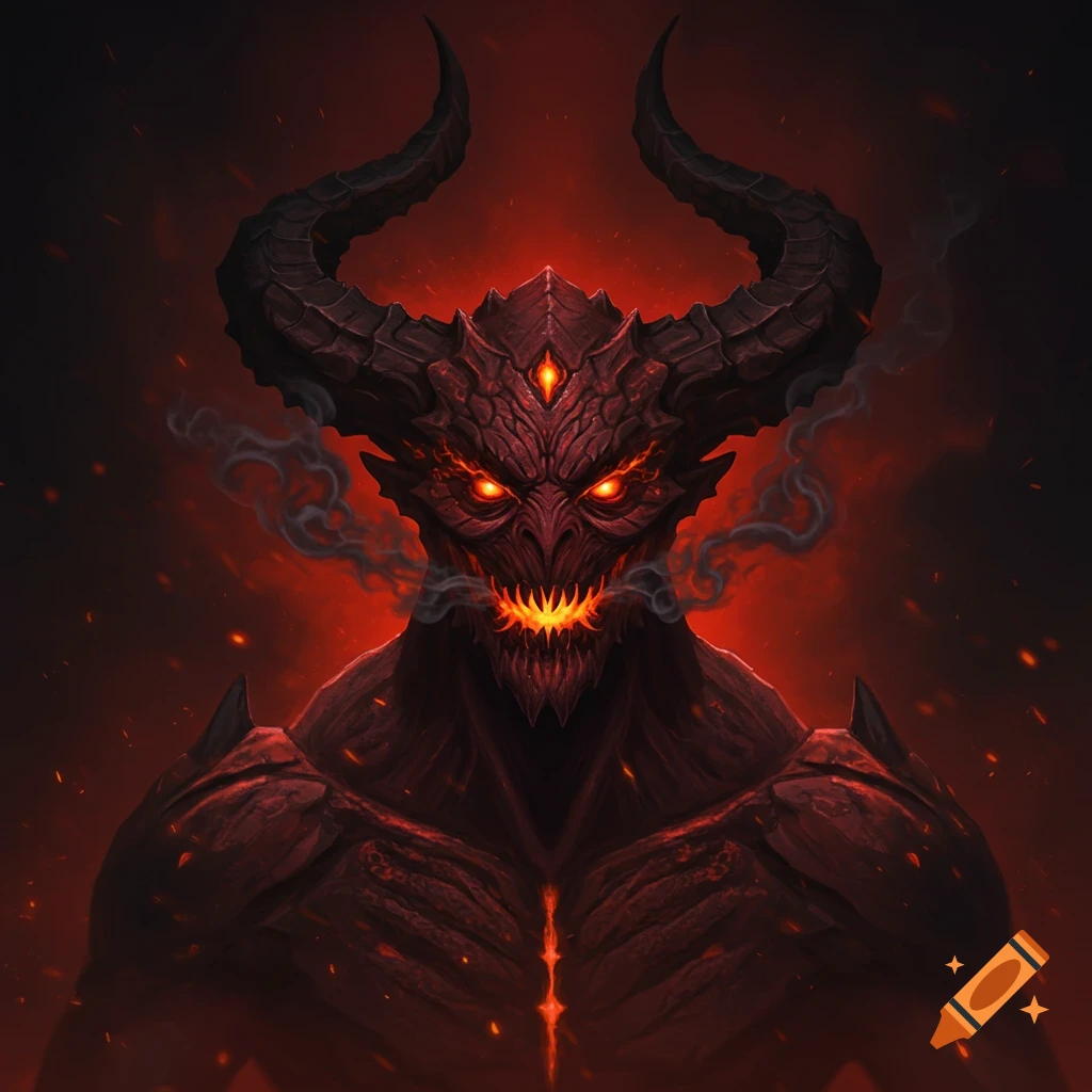 A menacing demon with glowing red eyes, sharp teeth, and large horns, surrounded by smoke and fire in a dark, fiery landscape.