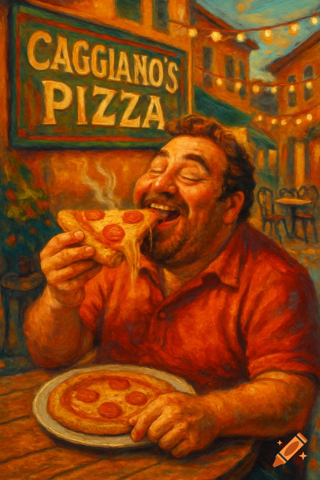 A joyful man in an oil painting style eagerly eats a cheesy slice of pepperoni pizza outside Caggiano's Pizza restaurant.