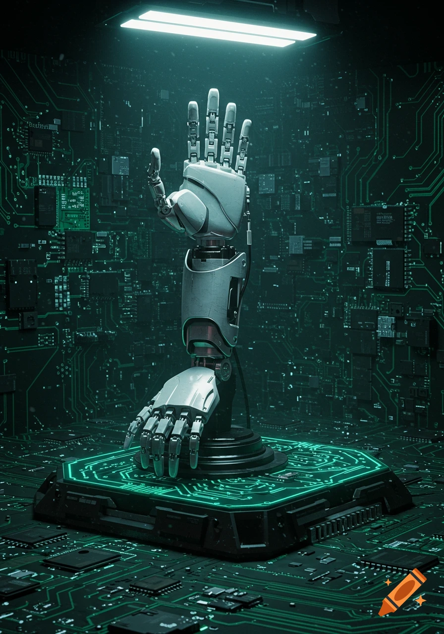 A detailed robotic arm and hand stand on a glowing circuit board pedestal in a dark, high-tech electronic environment.