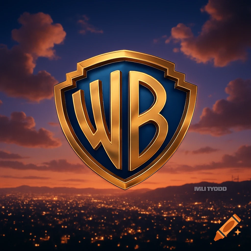 Golden Warner Bros "WB" logo centered against a vibrant sunset sky with orange clouds, floating above a sprawling city skyline illuminated by countless lights at dusk.