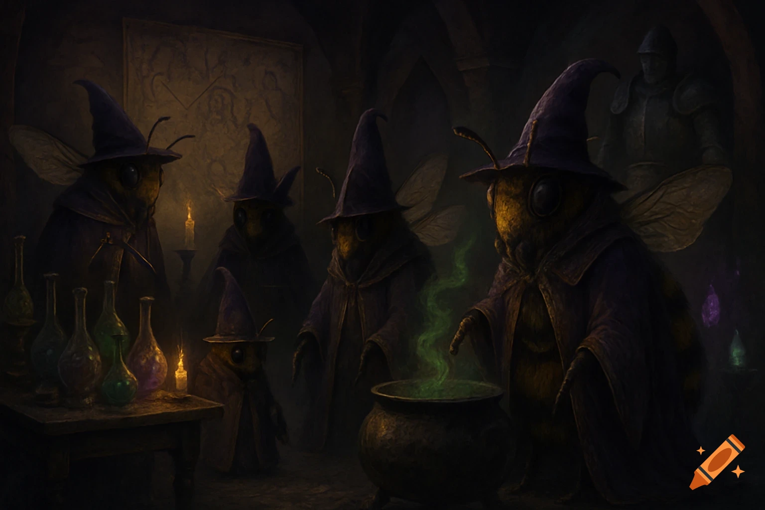 Oversized bee wizards in robes casting spells with a cauldron, beakers, and a map in a dark, spooky room.