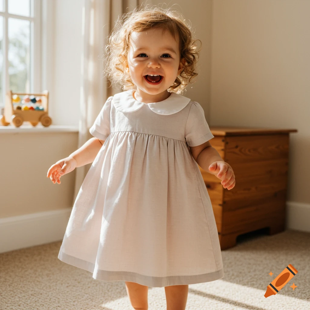 A happy toddler with curly hair wearing a white dress with a Peter Pan collar smiles at the camera in a sunlit room.