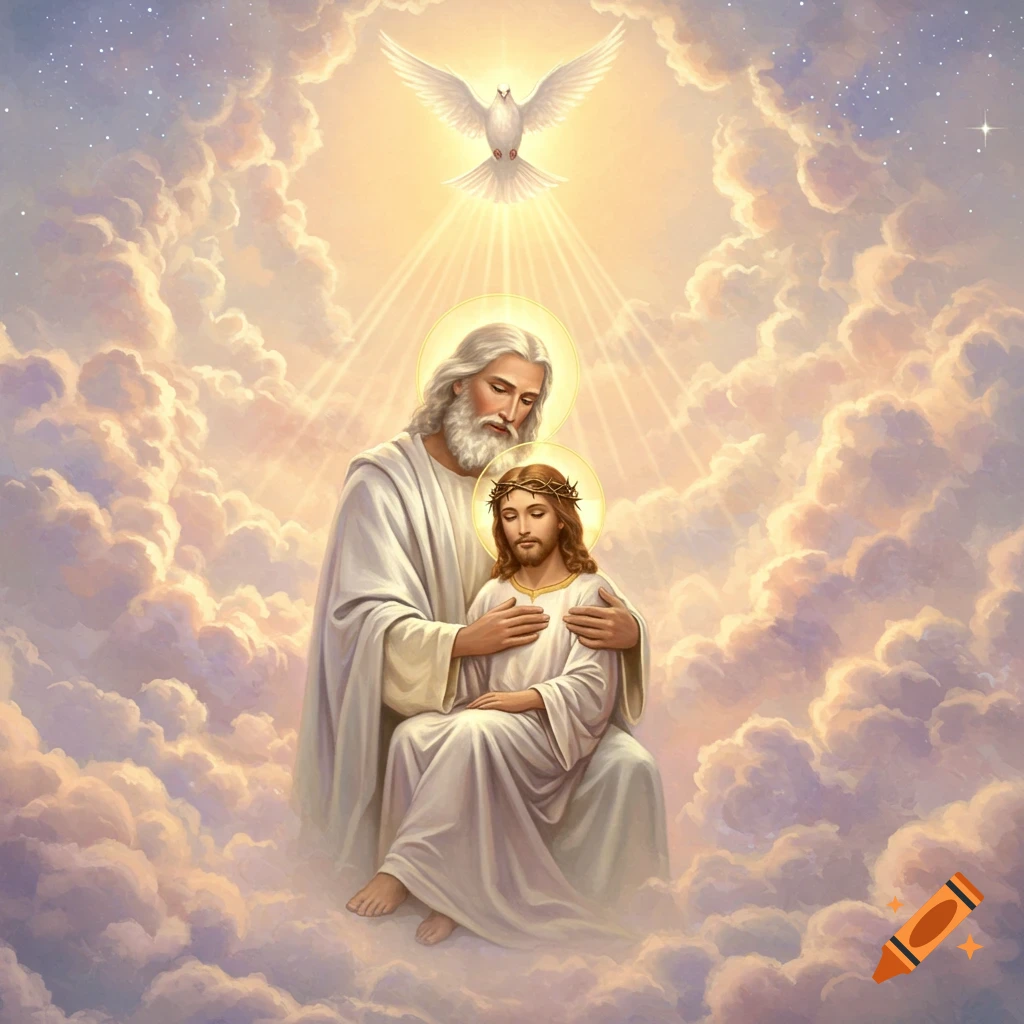 God the Father embraces Jesus, with the Holy Spirit dove hovering above, amidst celestial clouds.