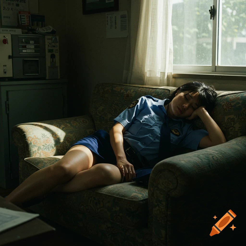 A hyper-realistic photo of a female police officer sleeping on a patterned sofa in a dimly lit room, with strong window light illuminating her face and hands.