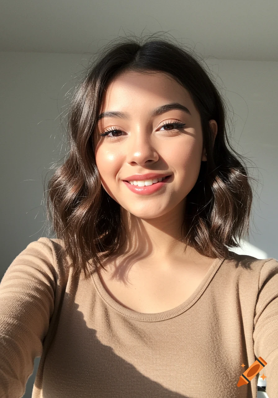 Smiling young woman with short brown wavy hair in natural sunlight, wearing a beige top.