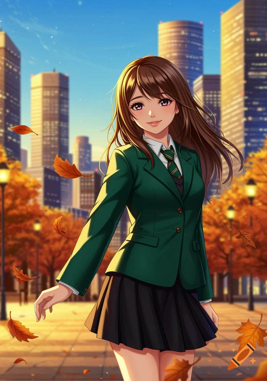 Anime girl with brown hair in a green blazer and black skirt, smiling on an autumn city street with falling leaves and tall buildings.
