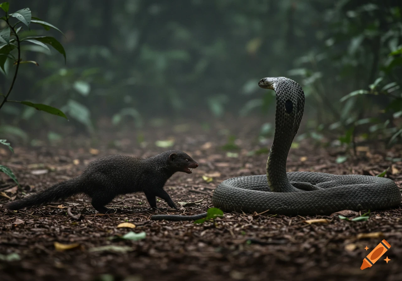 A dark mongoose faces a king cobra in a misty, dark jungle, poised for a confrontation.