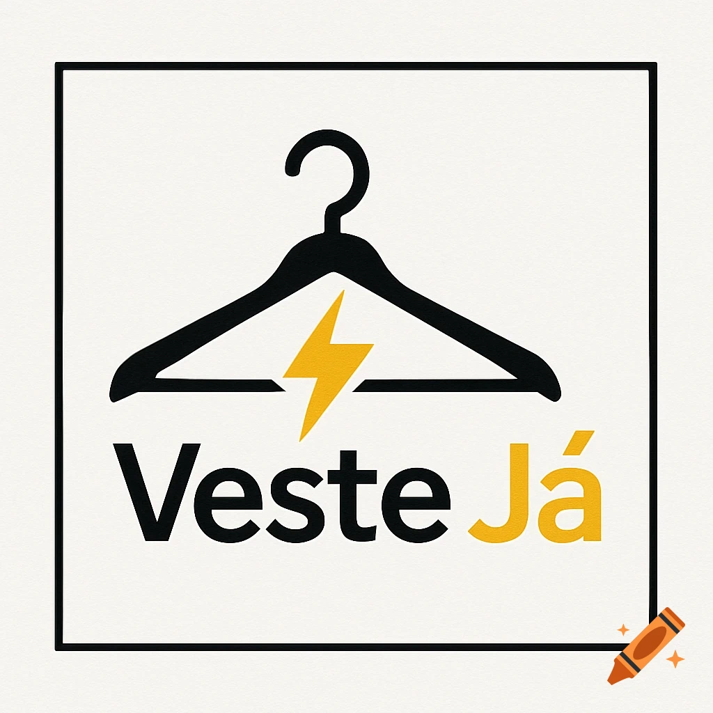 A logo with a black stylized clothes hanger, a yellow lightning bolt in the center, and the words "Veste Já" in black and yellow below it, all framed by a black border on a white background.