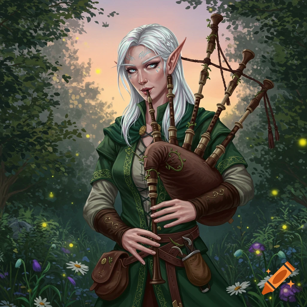 A white-haired female high elf bard in green clothing plays bagpipes in a magical forest at dusk, with fireflies glowing.