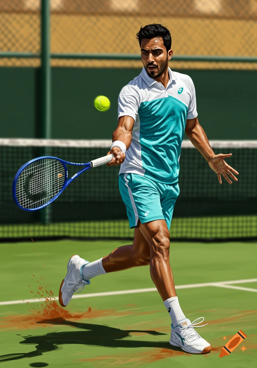 A handsome Middle-Eastern man in a teal and white uniform plays tennis on a green court, hitting a bright yellow ball.