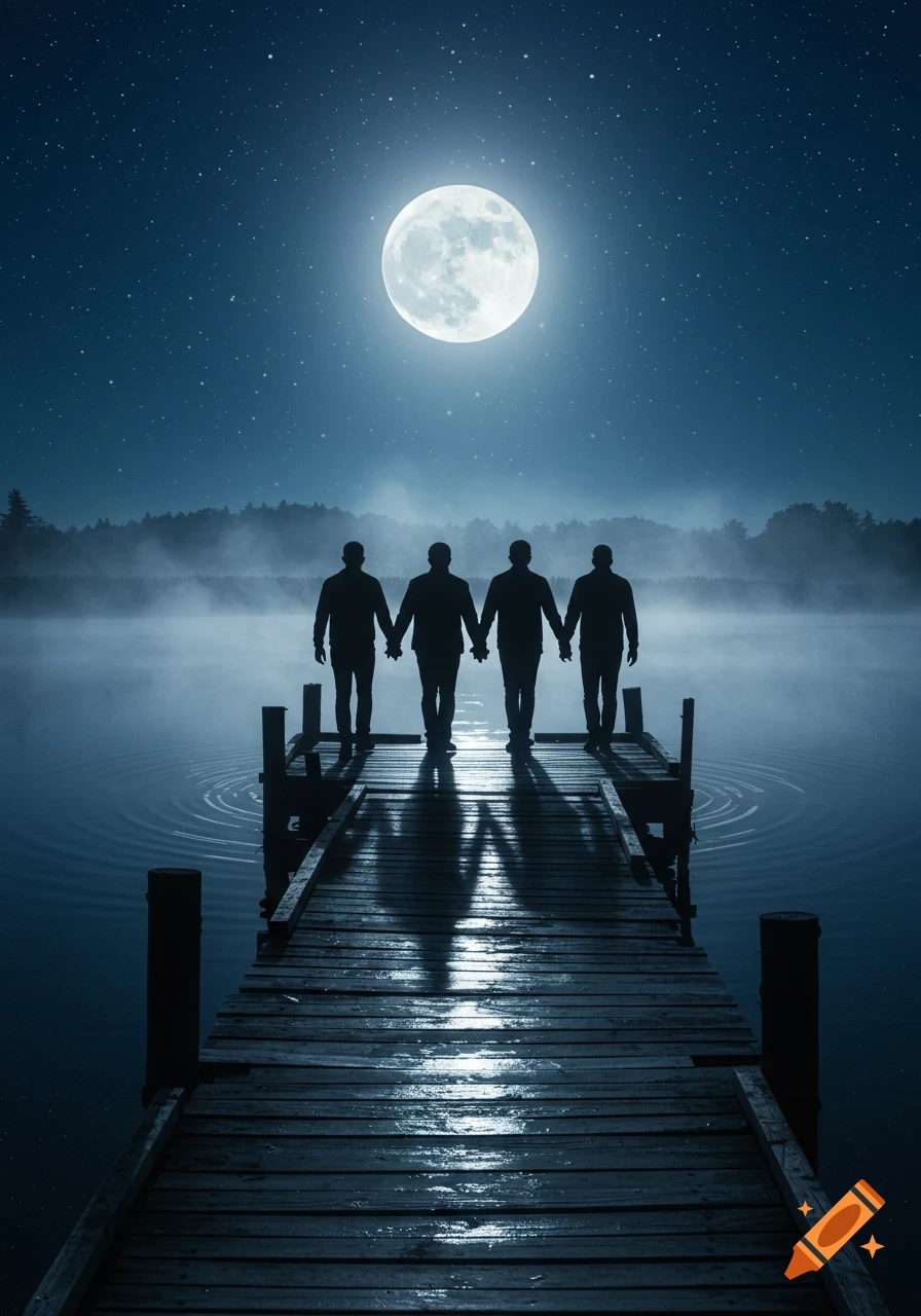 Four silhouettes of people holding hands walk on a pier over a foggy lake at night, under a large full moon and starry sky.