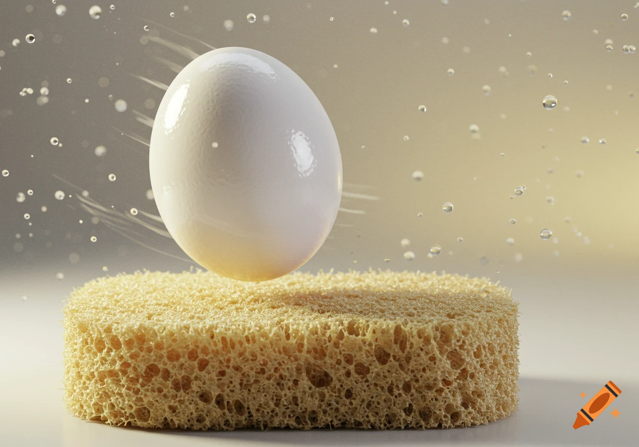 A photorealistic image of a white egg dropping onto a tan porous sponge, with water droplets suspended around it.