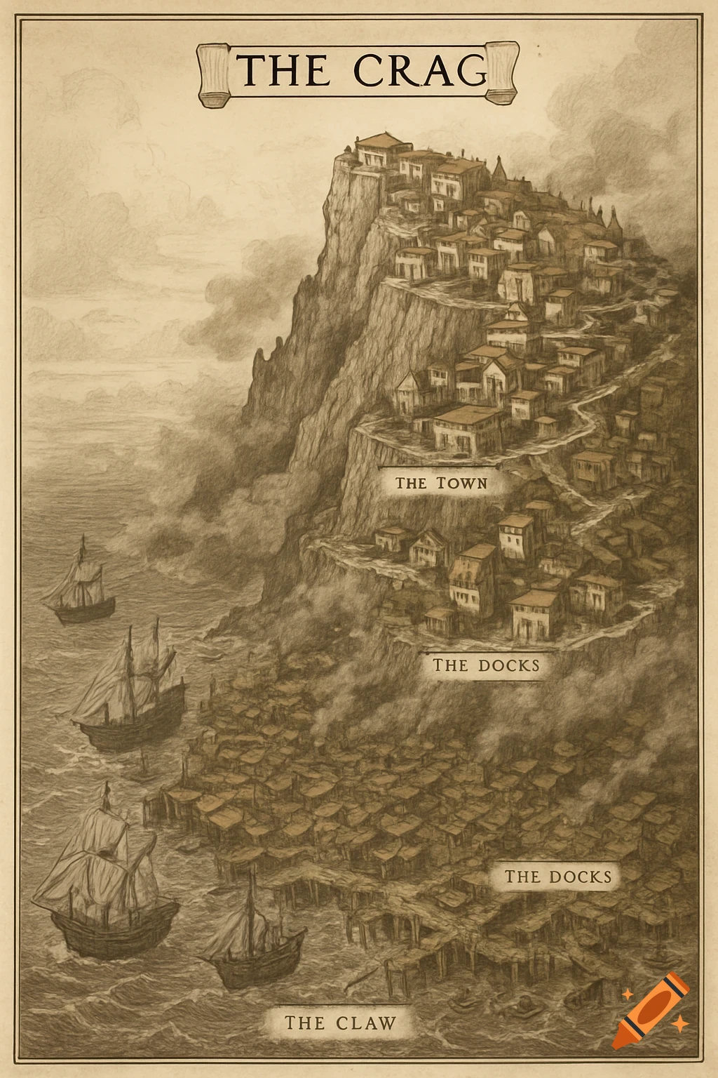 A sepia-toned fantasy map of 'The Crag', a tiered pirate port city on a cliff overlooking a stormy sea with ships in 'The Claw' harbor.