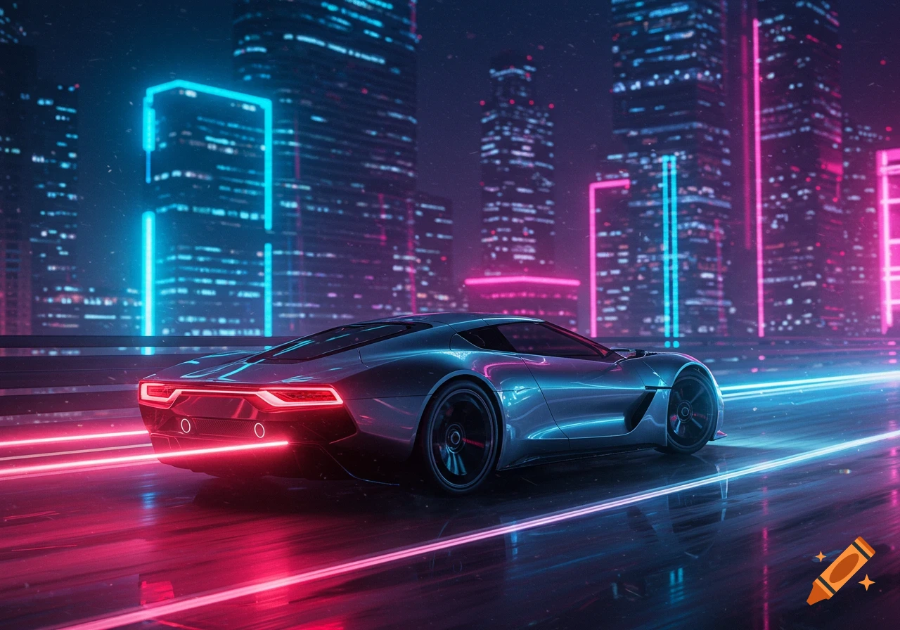 A sleek, silver sports car with red taillights drives on a wet road through a neon-lit cyberpunk city at night.