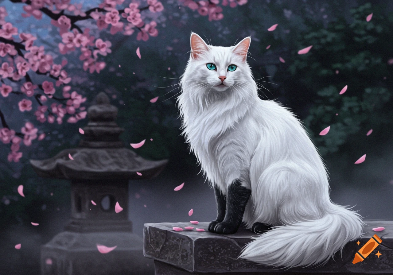 A white cat with blue eyes and black paws sits on a stone block under falling pink cherry blossoms, with a stone lantern in the background.
