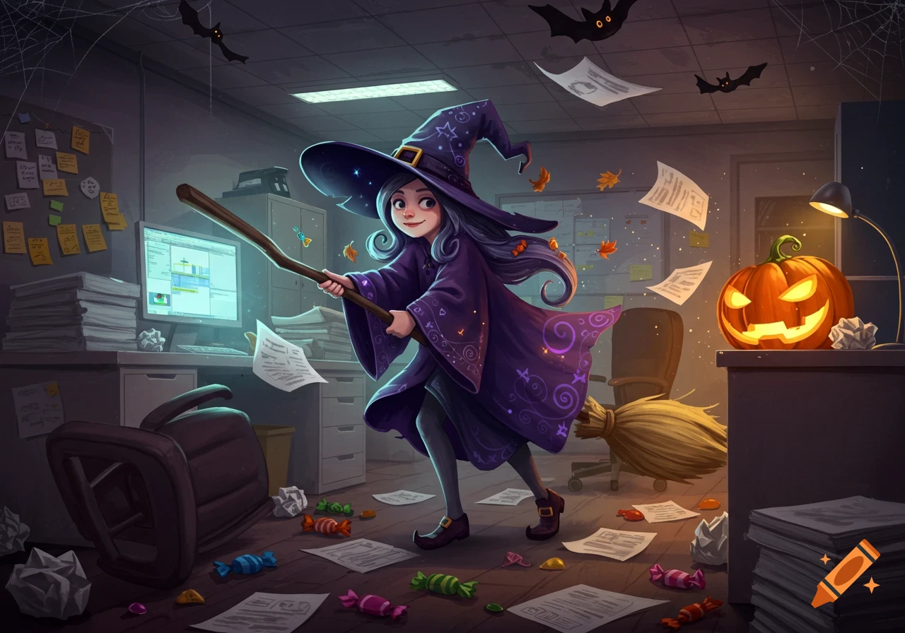 A cartoon witch in a purple outfit cleans a messy Halloween-decorated office with flying papers, candy, a glowing jack-o'-lantern, and bats.