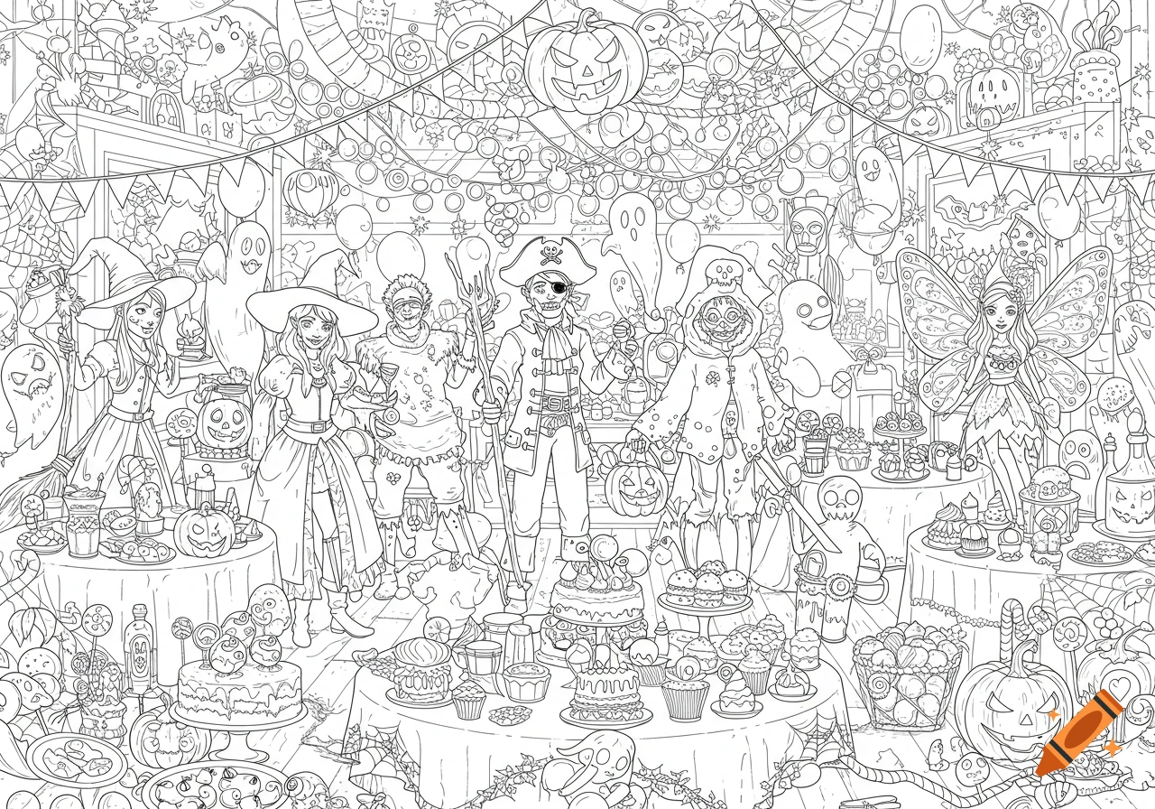 A highly detailed coloring page of a Halloween party scene, featuring costumed characters, spooky decorations, and tables laden with treats.