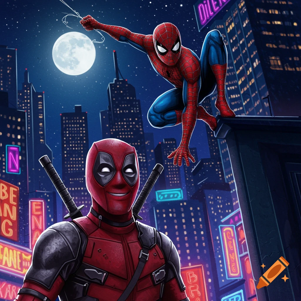 Deadpool smiles in the foreground while Spider-Man crouches on a building in a vibrant, neon-lit city at night, comic art style.