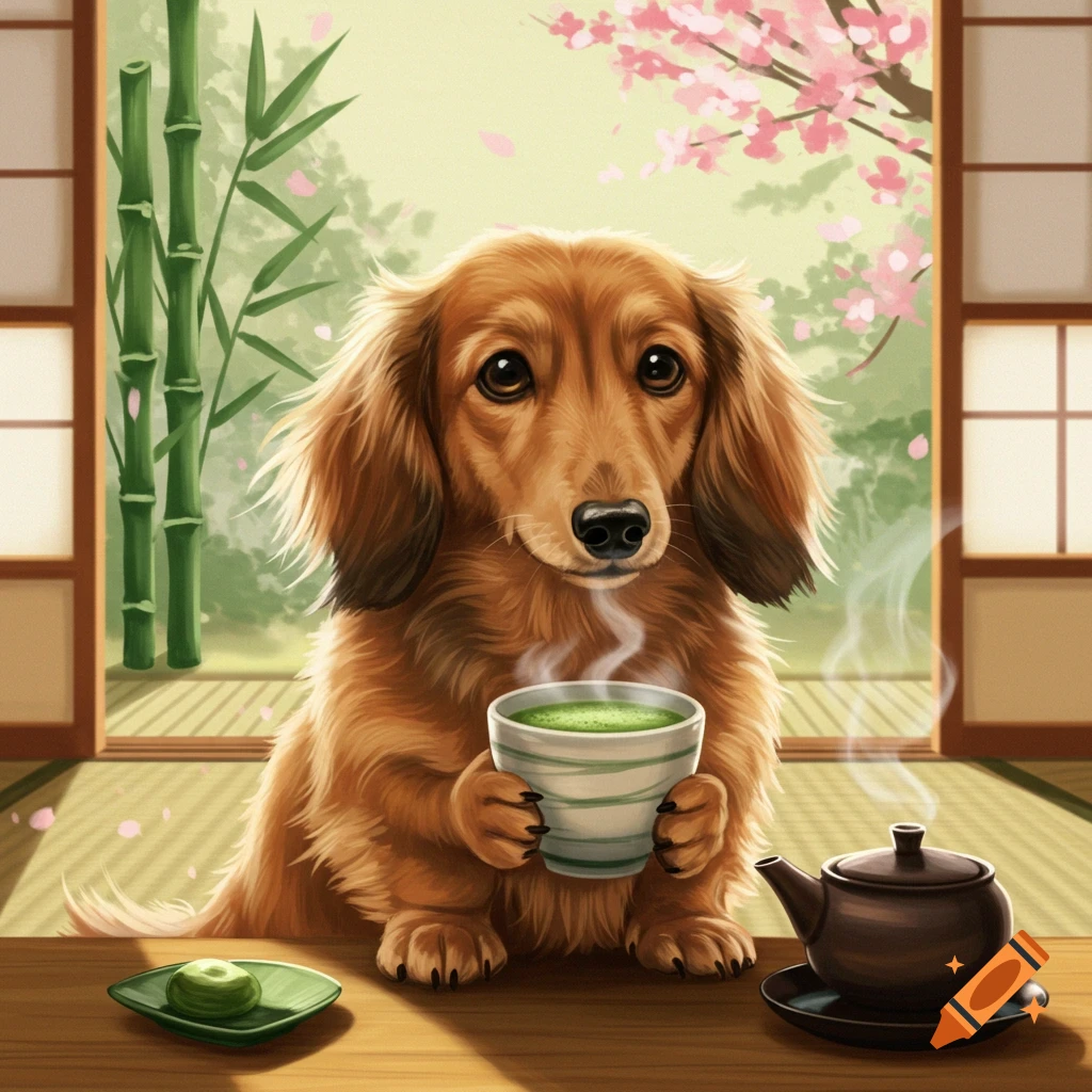 A fluffy long-haired dachshund sits at a low table, holding a steaming cup of matcha tea in a Japanese-style room with bamboo and cherry blossoms.