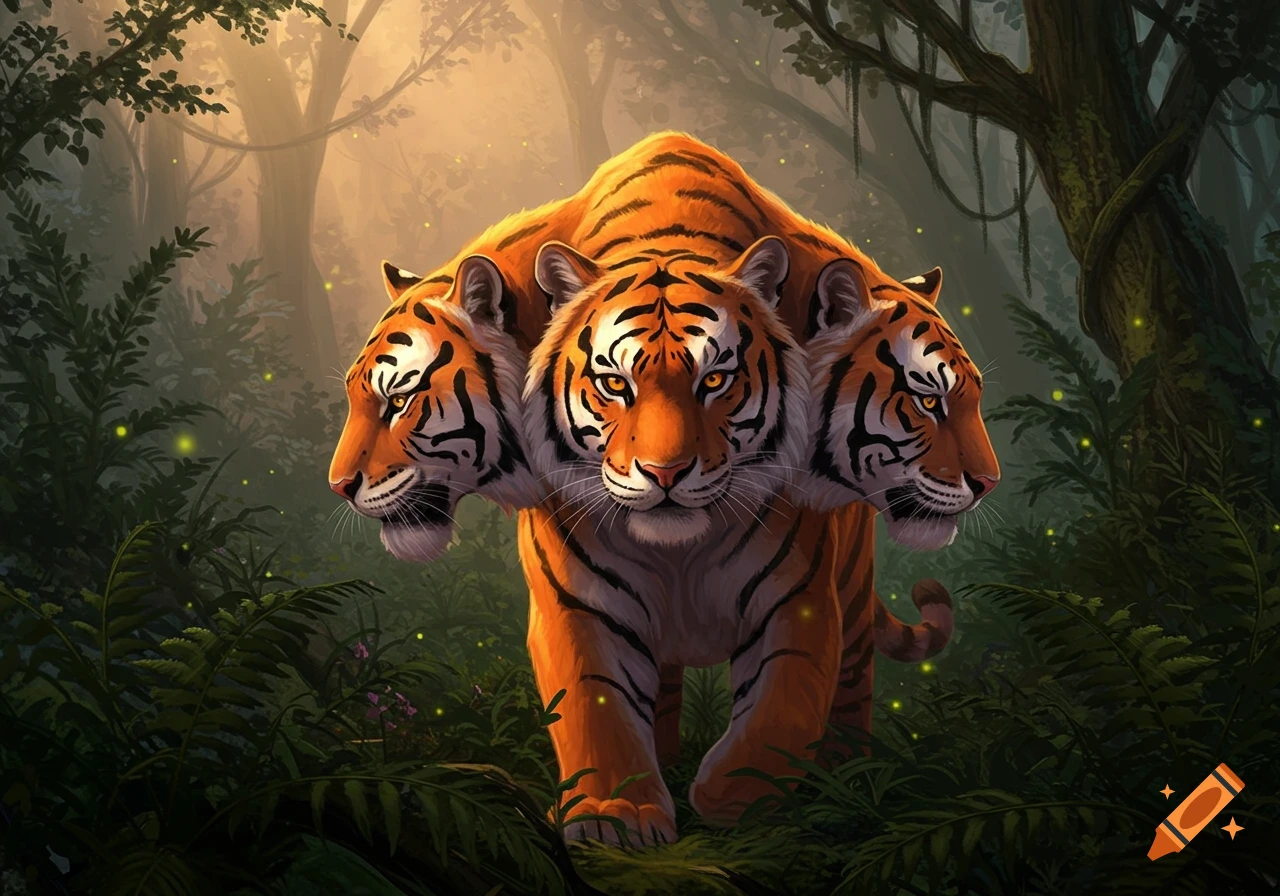 A majestic three-headed tiger with bright orange fur stalks through a vibrant, glowing jungle.