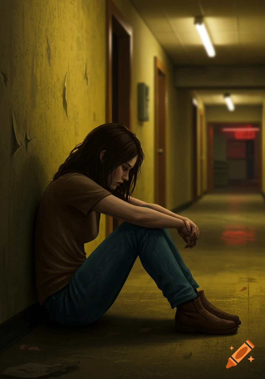 A lonely woman sits on a grimy floor against a peeling yellow wall in a dim hallway, digital art.