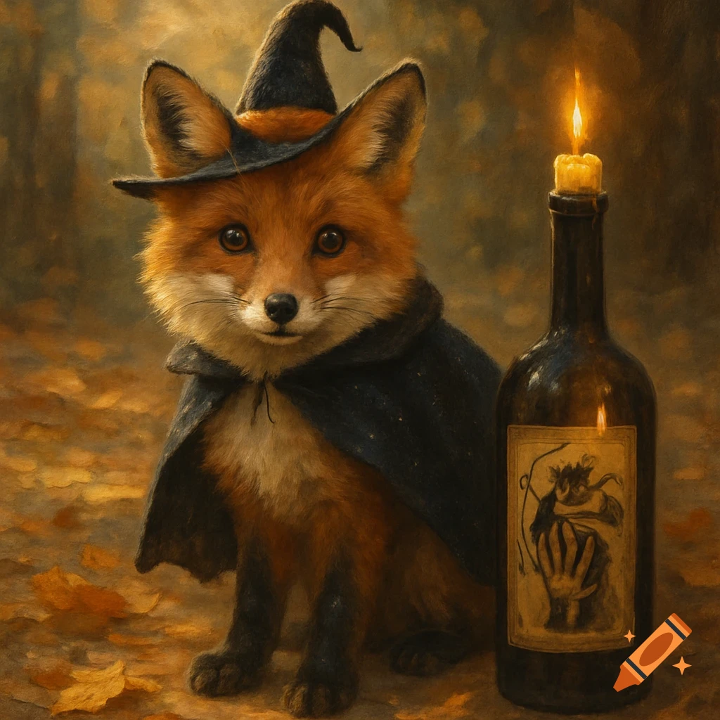 A cute red fox in a witch hat and cape sits next to a bottle with a lit candle on top, surrounded by autumn leaves in a painterly style.