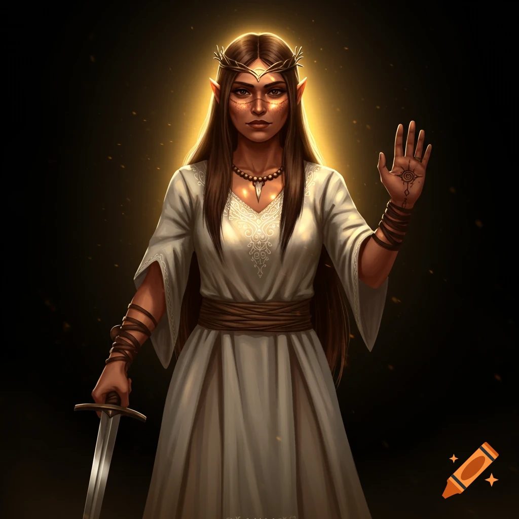 A fantasy woman with elf ears, long brown hair, freckles, wearing a white dress, elven crown, holding a sword, with a golden halo.