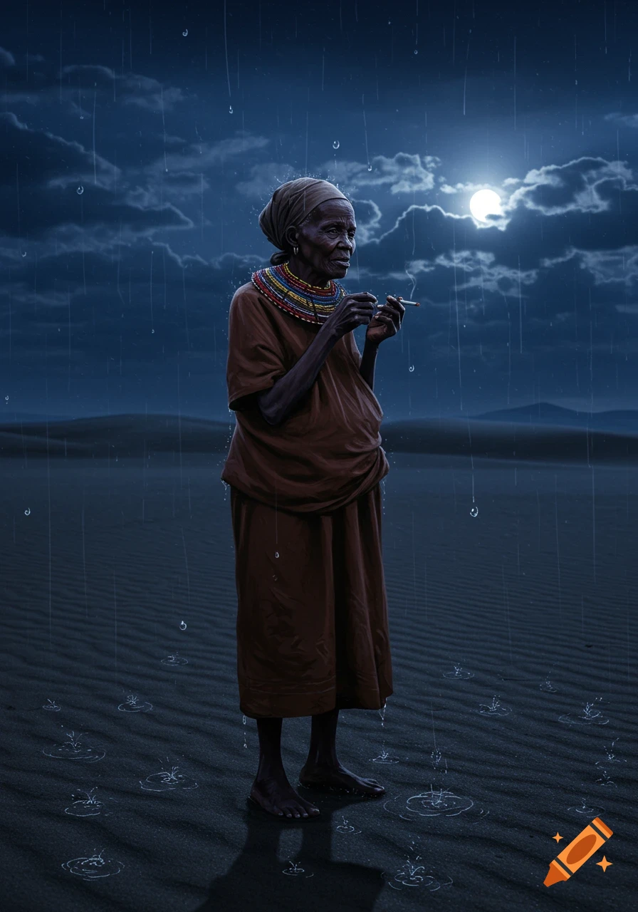Photorealistic image of an elderly African woman standing barefoot in a desert under the rain at night, holding a lit cigarette. A full moon shines through clouds.