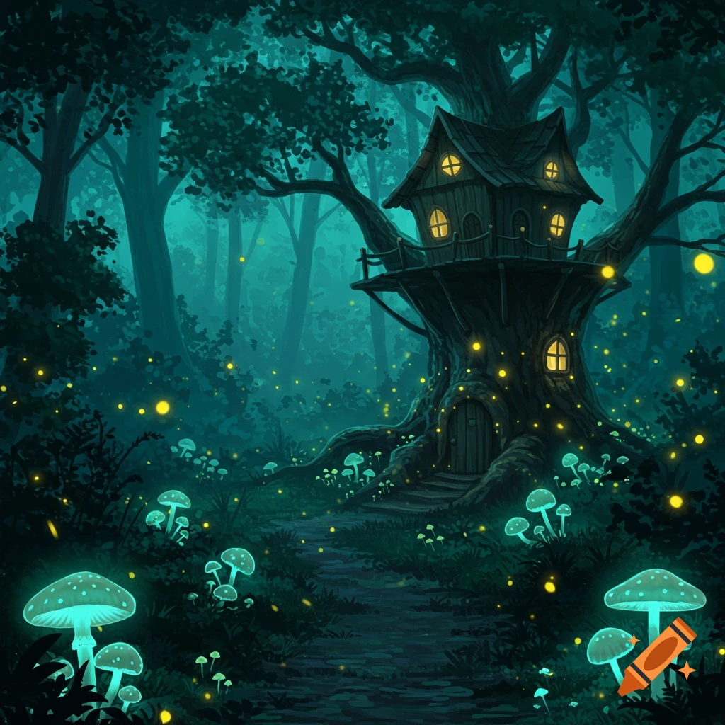 An illustrated magical forest at night, with a glowing treehouse, luminous mushrooms, fireflies, and a winding path.