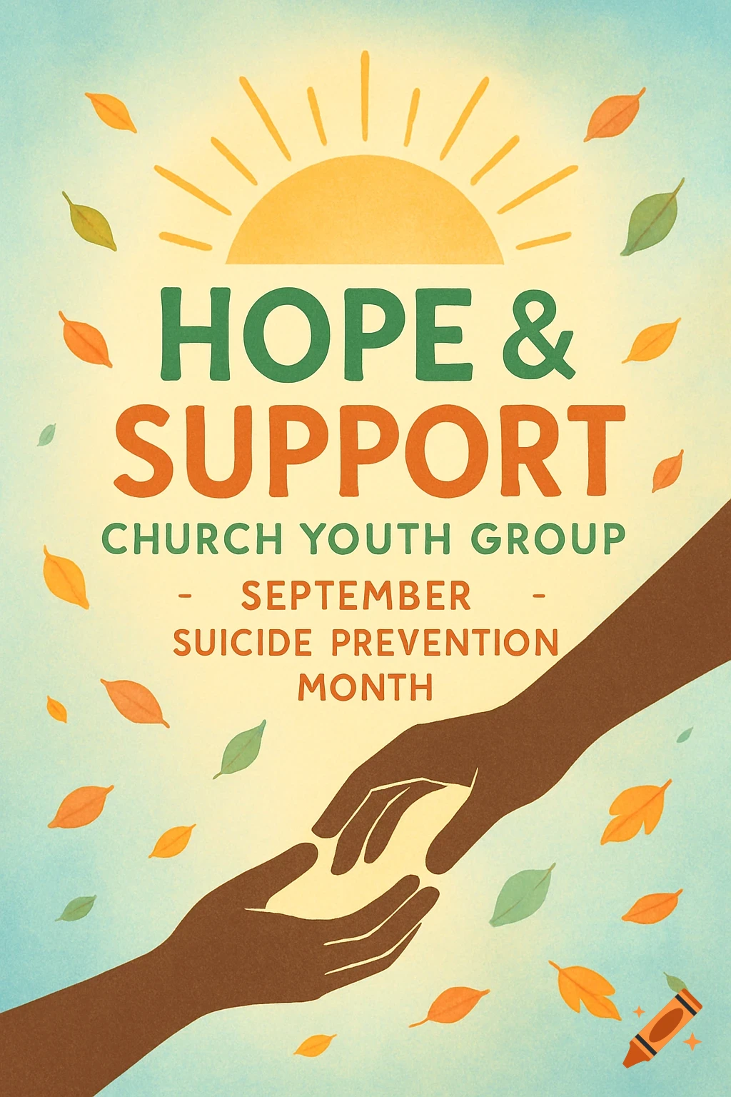 An illustrated flyer for Suicide Prevention Month with text 'Hope & Support', reaching hands, a sun, and falling leaves.