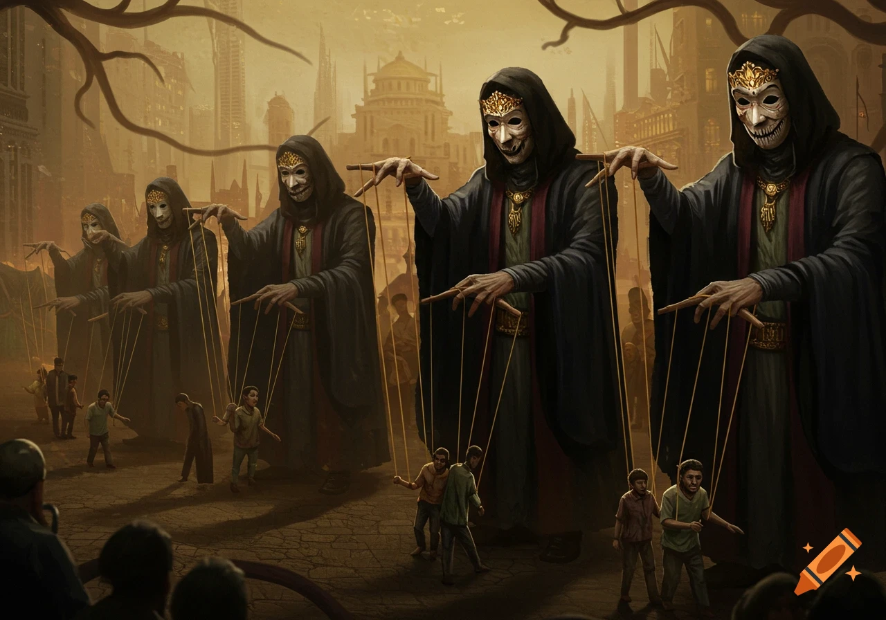 Giant masked figures in cloaks control small people like puppets with strings in a desolate city, dark fantasy art.