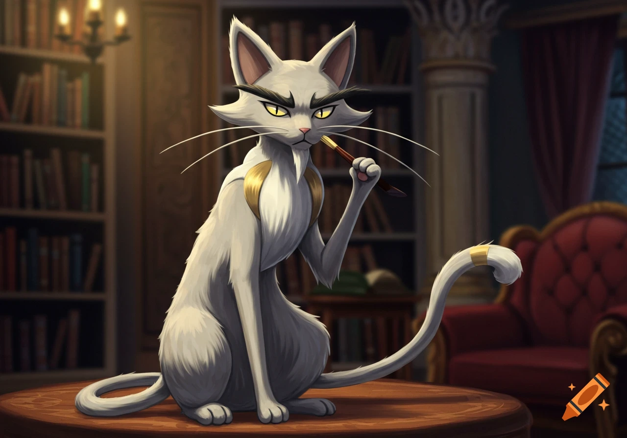 A wise, grey, cat-like Pok especies with long eyebrows and a beard, sitting on a table in an old library, holding a pen to its chin.