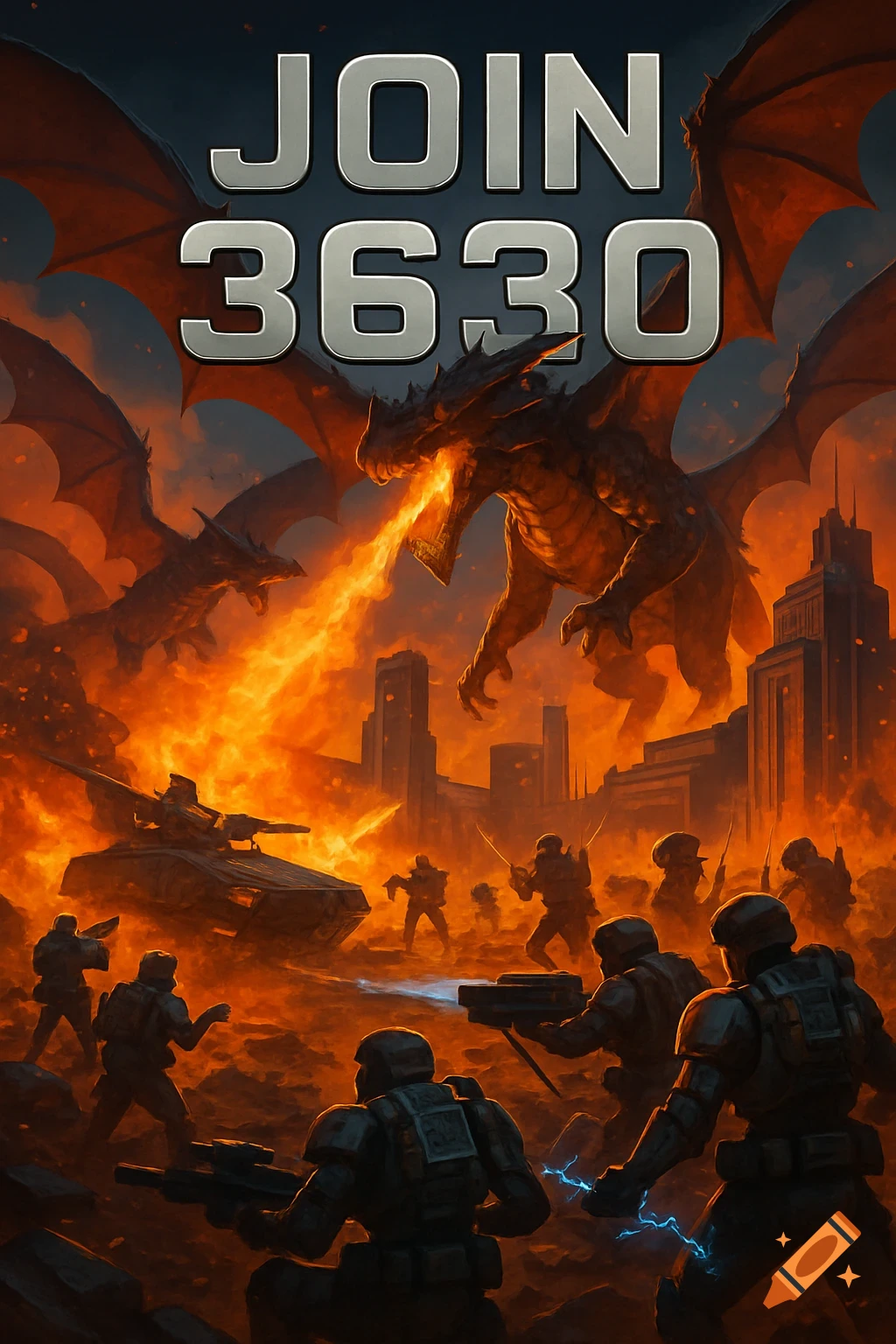 Dramatic animated art of dragons breathing fire on soldiers and tanks in a ruined city with text 'JOIN 3630'.