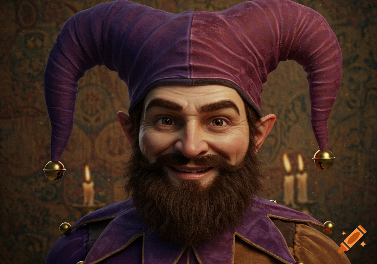 Photorealistic headshot of a smiling court jester with a dark brown beard, pointy ears, and a purple jester hat.