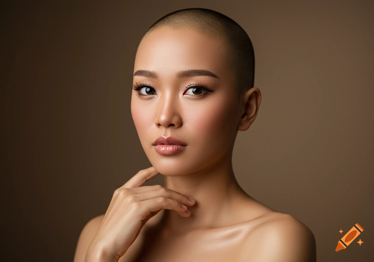 Photorealistic portrait of a young Asian woman with a shaved head, light makeup, and bare shoulders, looking directly.
