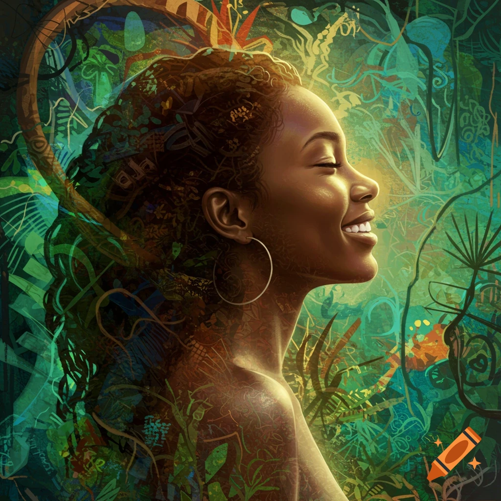 Side view of a smiling woman with closed eyes, her dark skin bathed in light, surrounded by vibrant abstract jungle patterns in an artistic style.