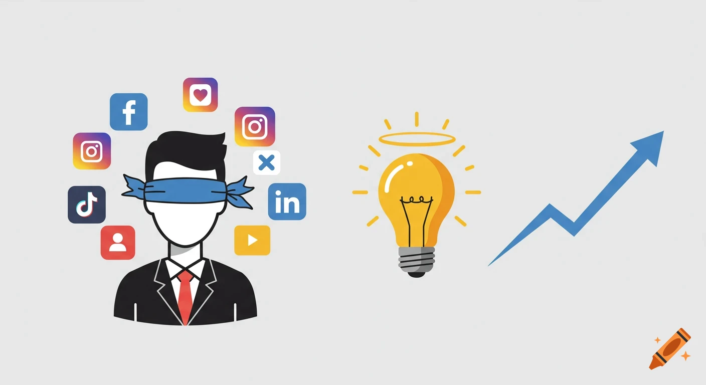 Flat design infographic of a blindfolded business leader surrounded by social media icons, unaware of a glowing light bulb and rising arrow nearby.