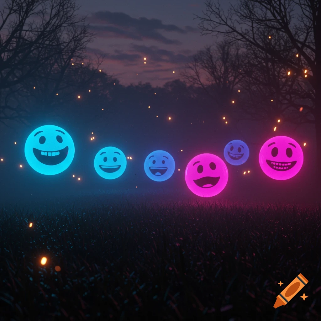 Glowing blue and pink smiling emoji faces float above dark grass in a spooky forest at dusk, with fireflies.