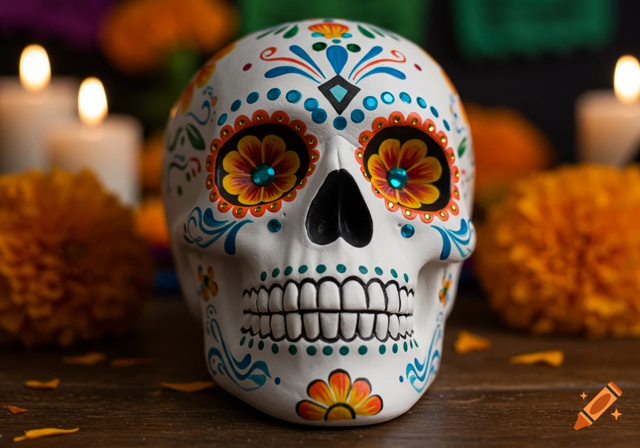 Close-up of a white sugar skull decorated with vibrant floral patterns and gems, with blurred candles and marigolds.