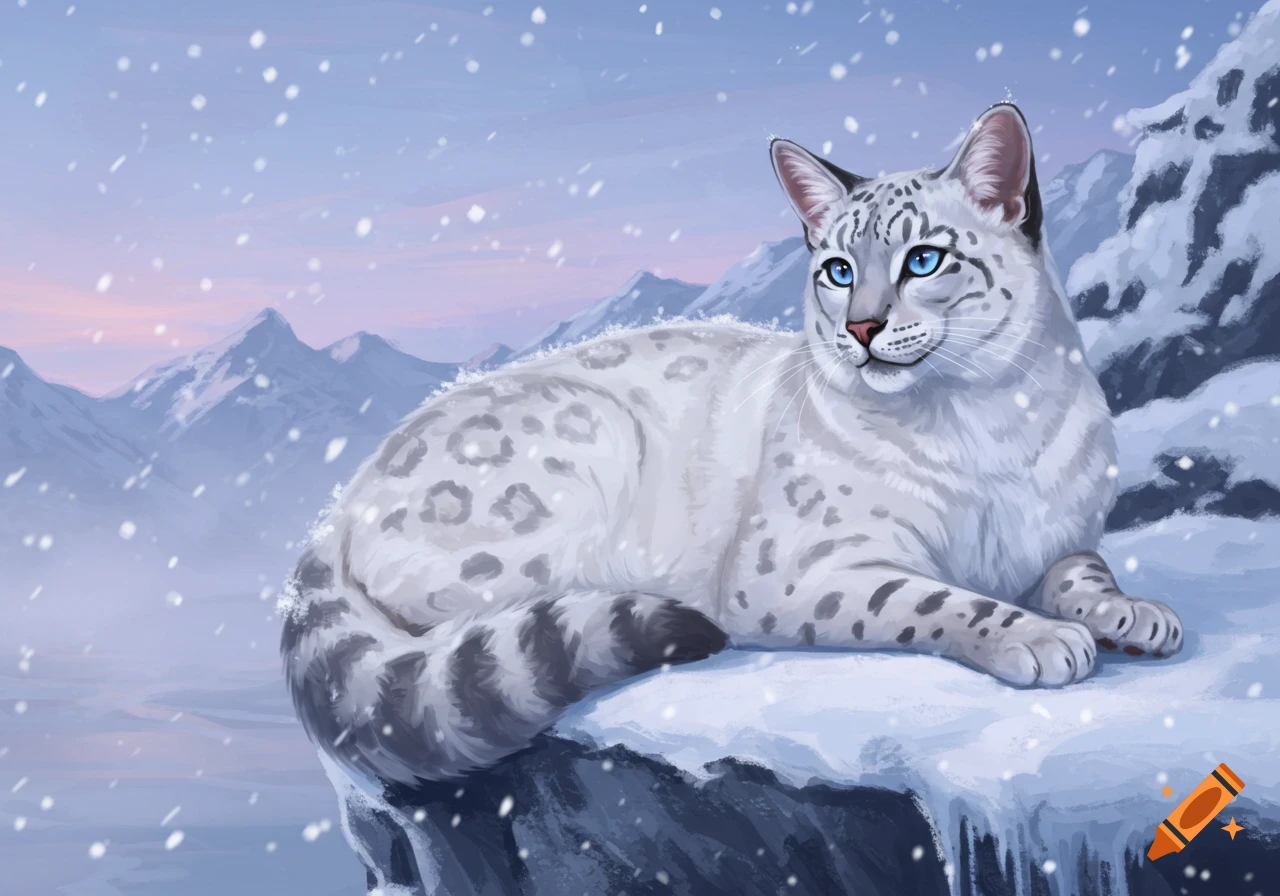 A snow leopard with blue eyes lies on a snowy mountain in a digital illustration with falling snow and a pink sky.