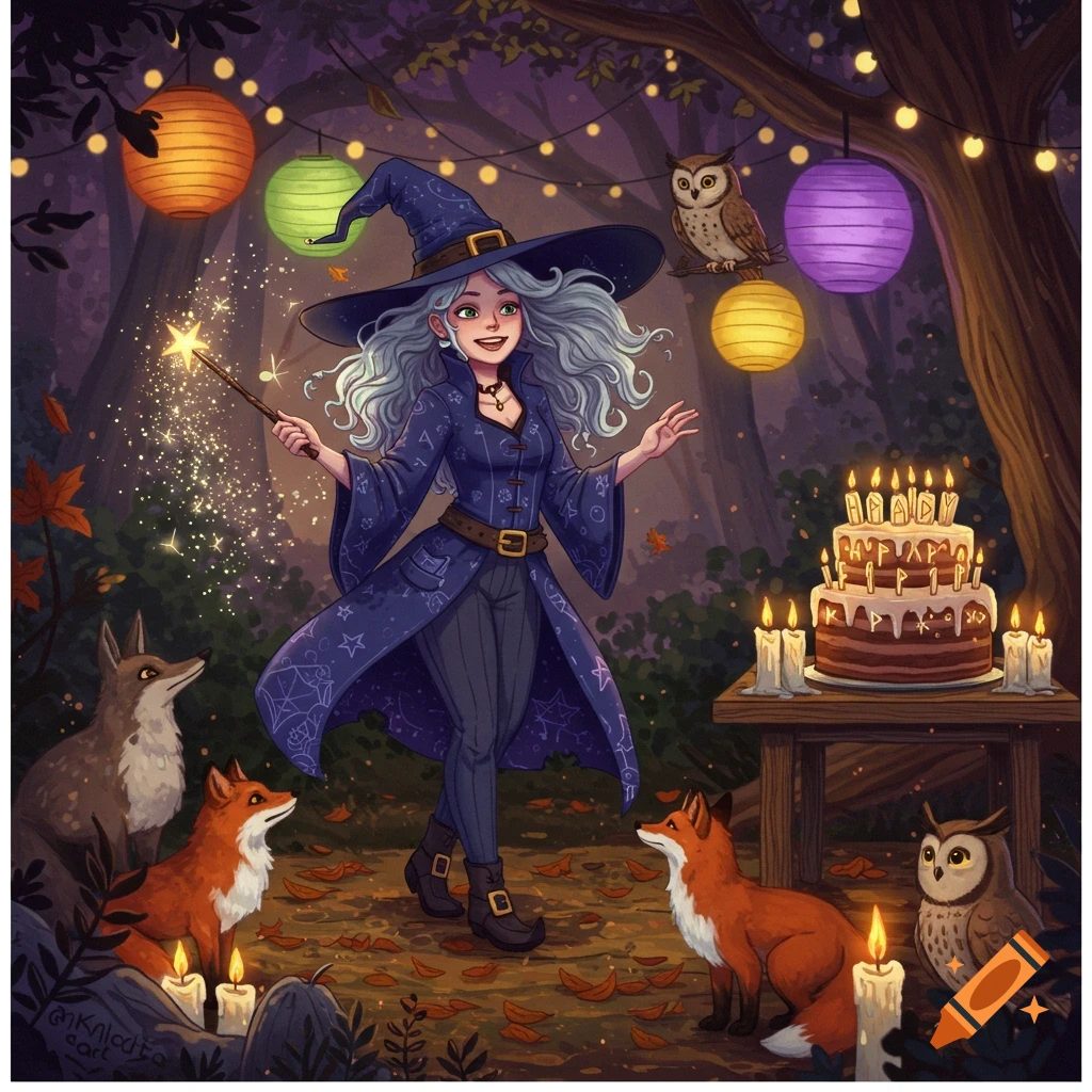 A smiling witch with light blue hair holds a magic wand, celebrating her birthday in a whimsical forest with foxes, owls, a cake, and lanterns.
