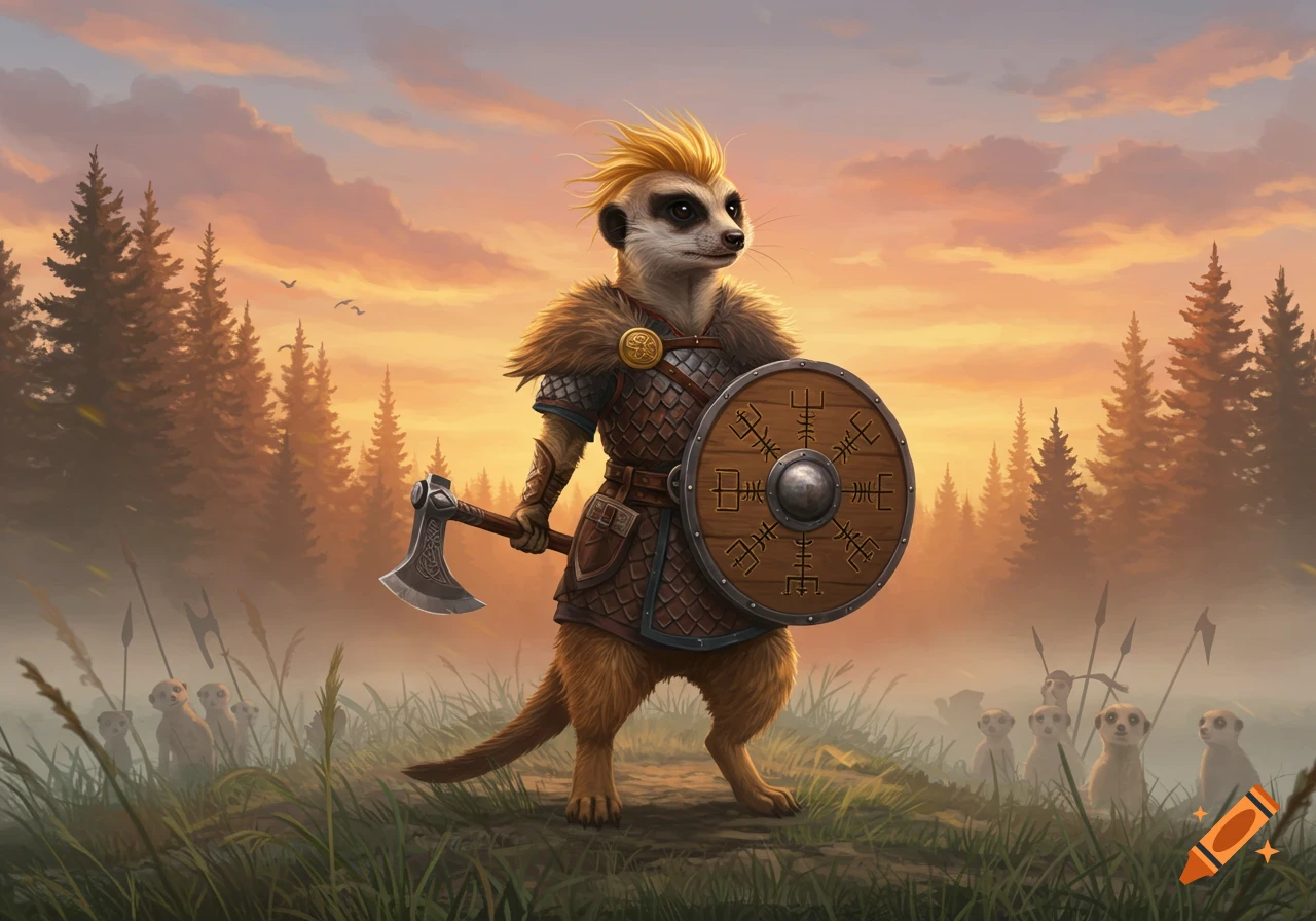 A meerkat warrior in Viking armor, holding an axe and a shield with runes, stands in a misty forest at sunset.