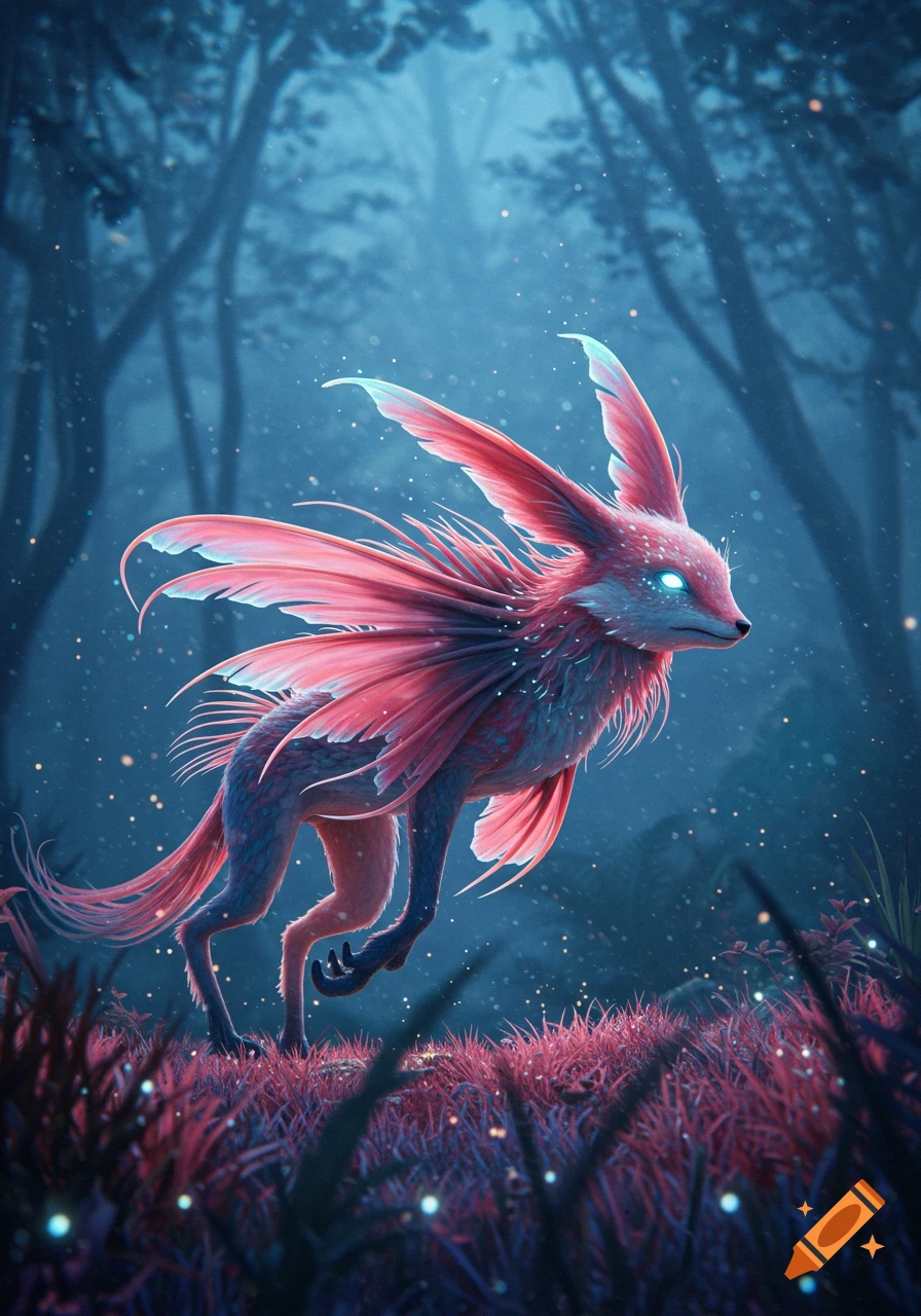 A mystical, fox-like creature with pink feathered wings and glowing blue eyes runs through a dark, magical forest with glowing pink grass.