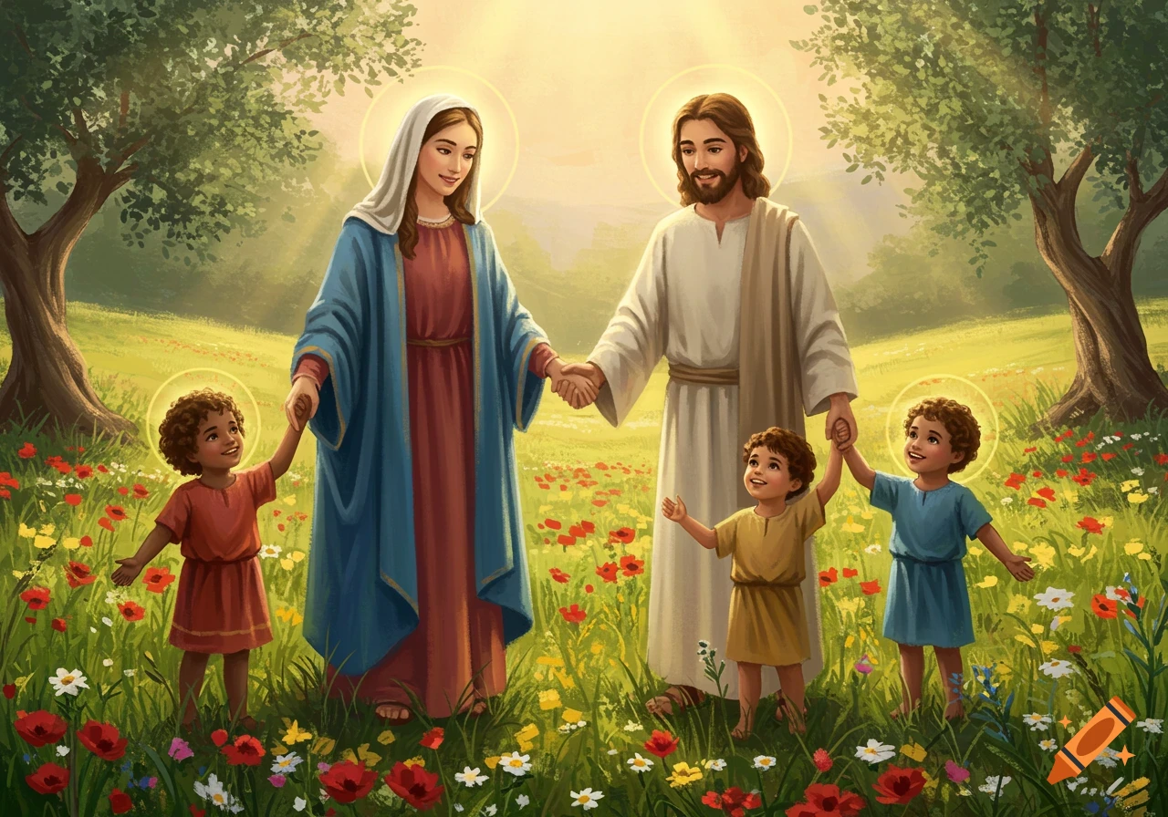 Illustration of Mary and Jesus holding hands with three smiling children in a sunny field with trees and wildflowers.