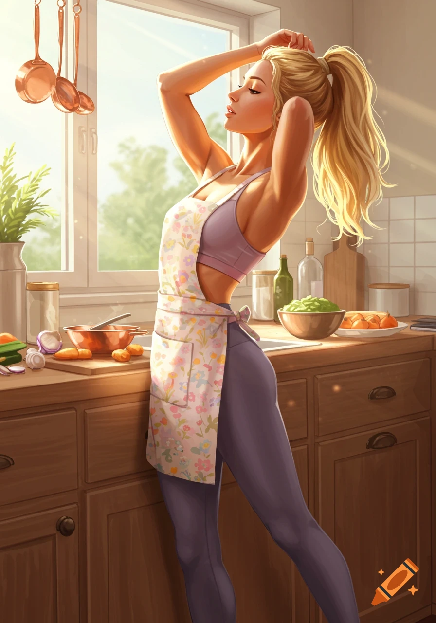 Blonde woman in sports bra, yoga pants, and floral apron stretches in a sunlit kitchen, putting her hair up. Digital art.