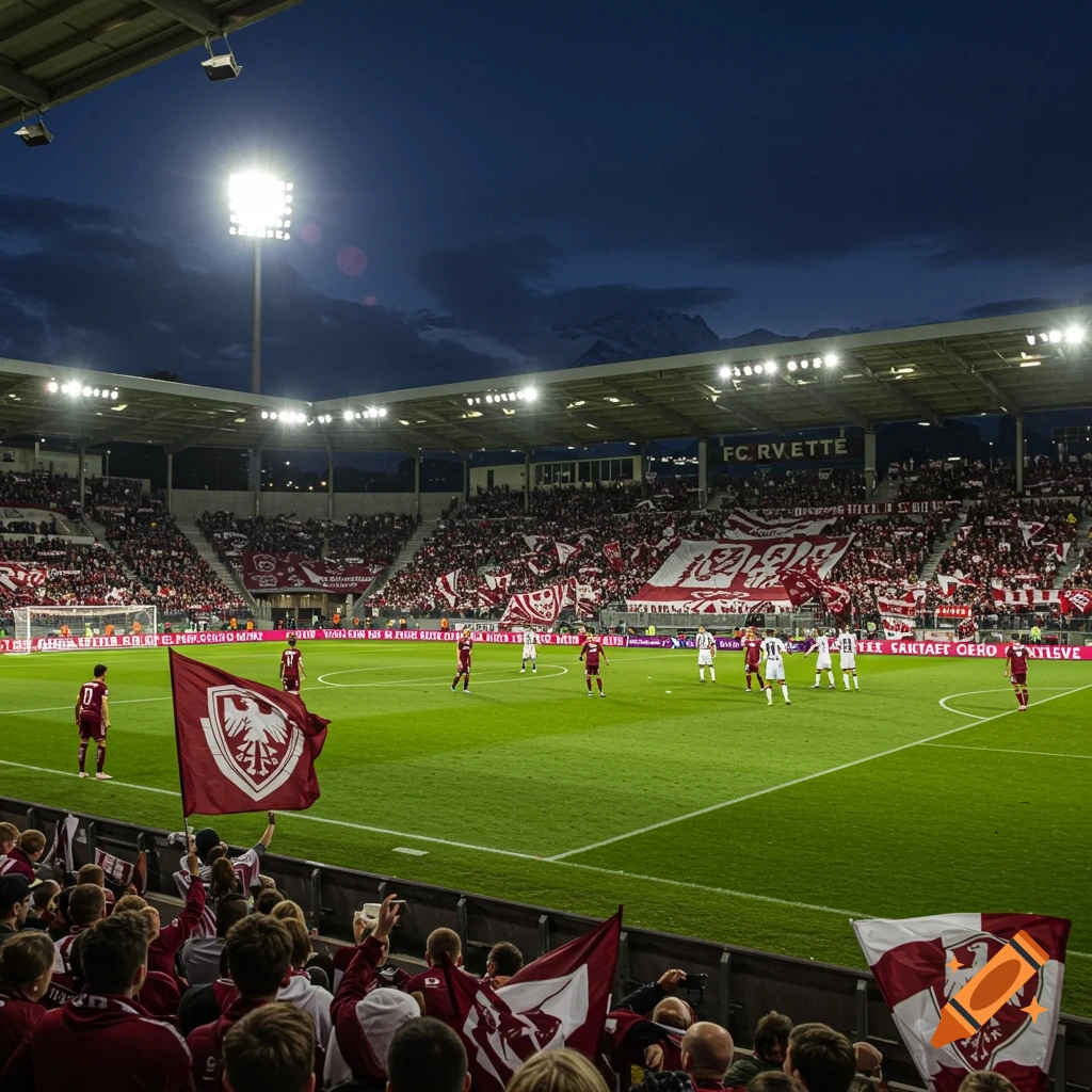 Photorealistic view of a lively soccer stadium at dusk, with players on the field and a dense crowd waving flags in the stands.