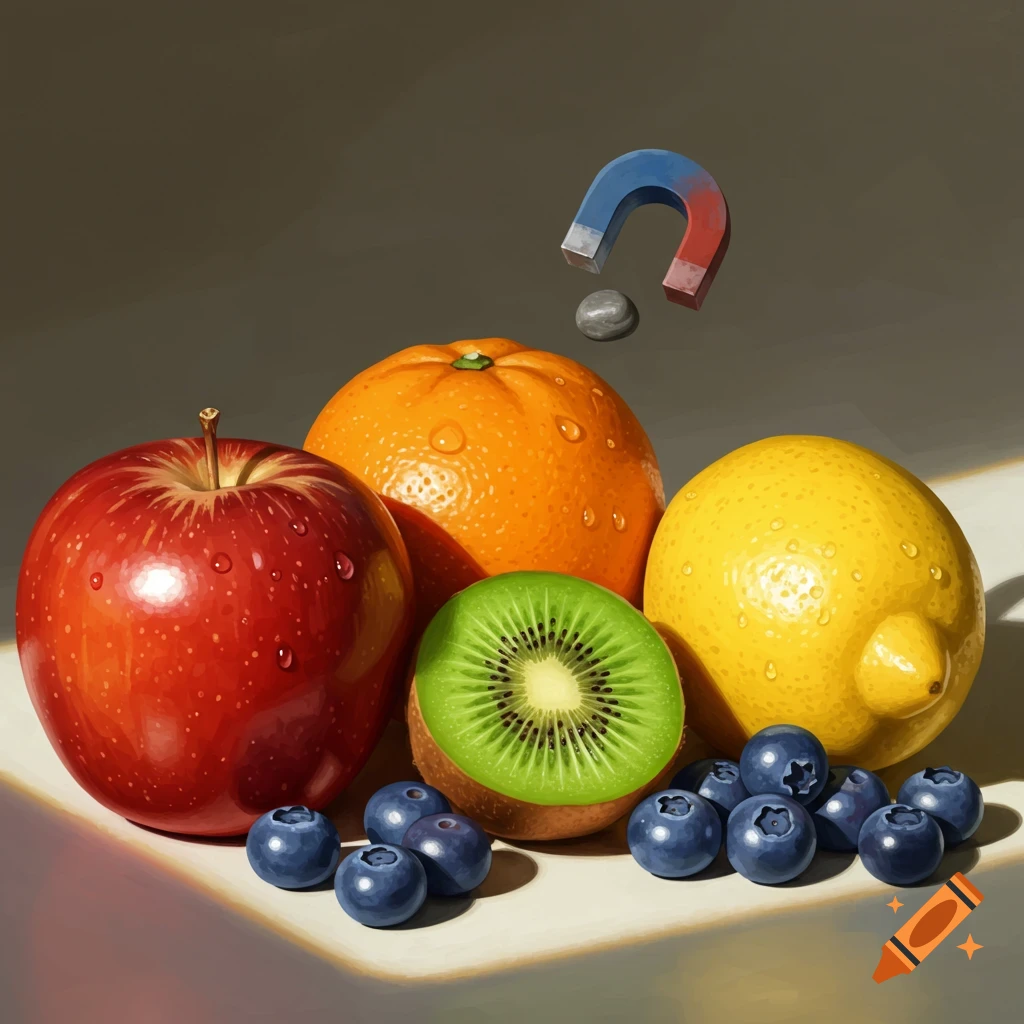 A photorealistic still life with an apple, orange, lemon, sliced kiwi, and blueberries, with a magnet hovering over a small rock.
