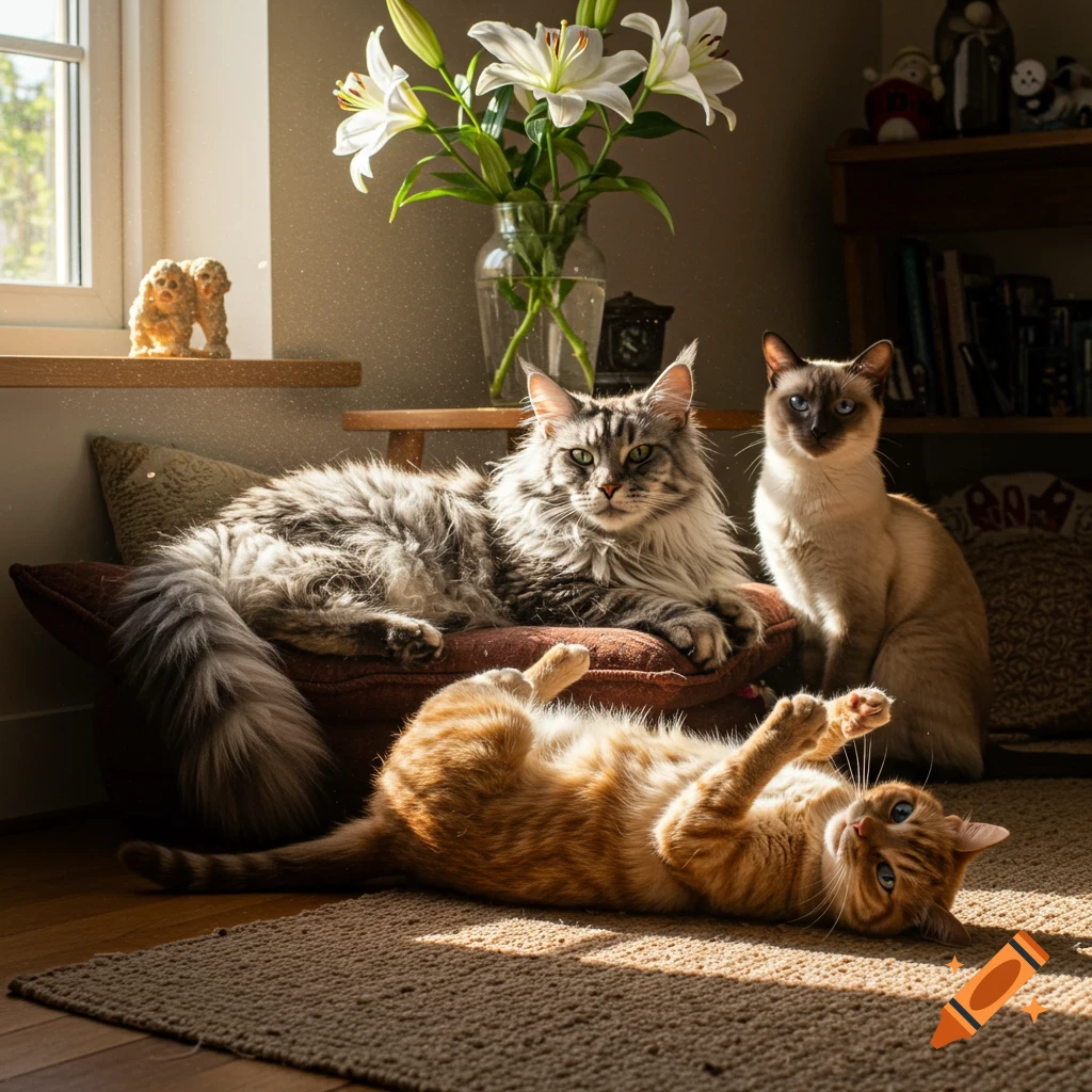 Three photorealistic cats relaxing in a sunlit room, with a vase of white lilies nearby.