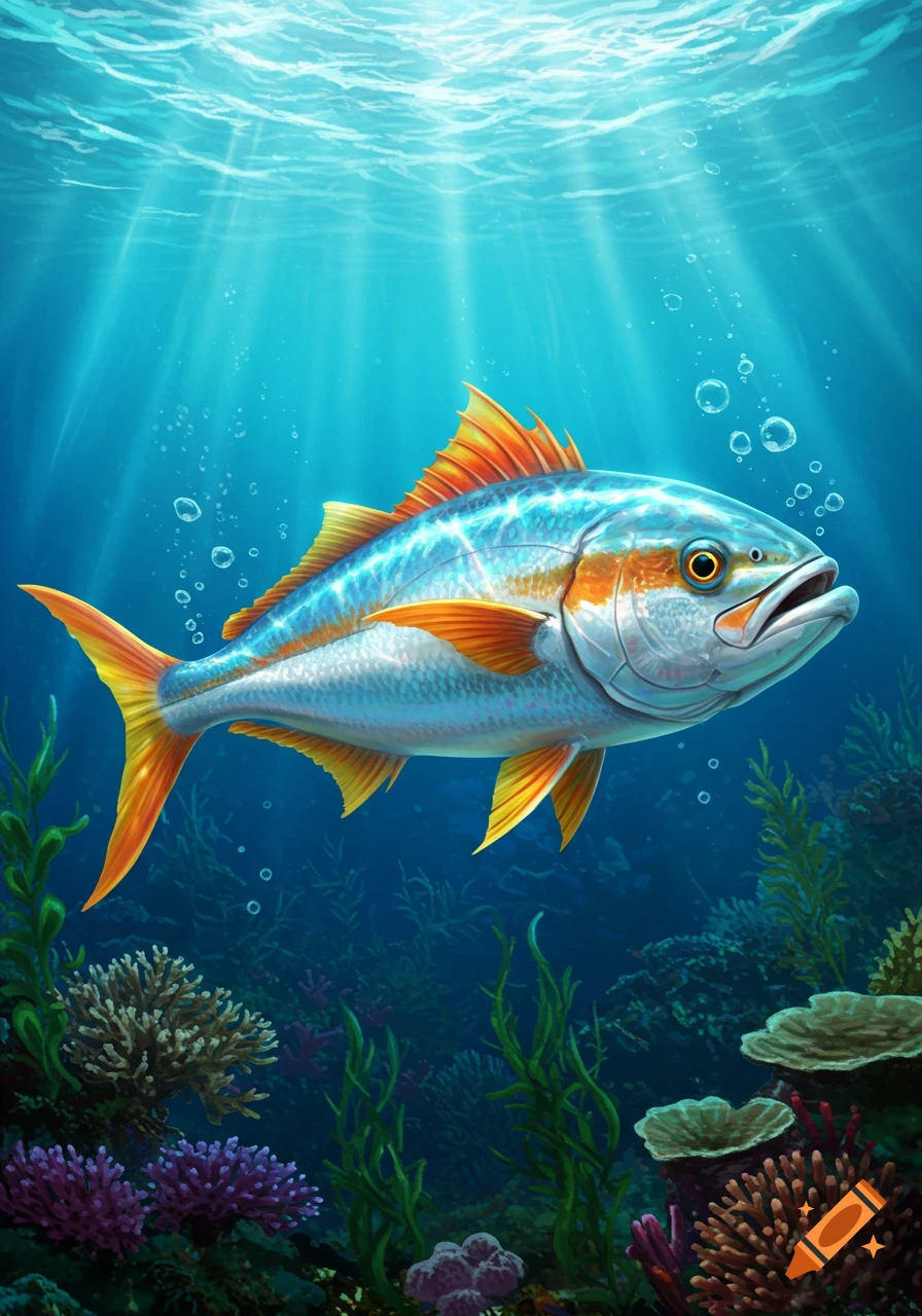 A detailed illustration of a colorful fish, half yellowtail and half garibaldi, swimming in a vibrant coral reef with sun rays.