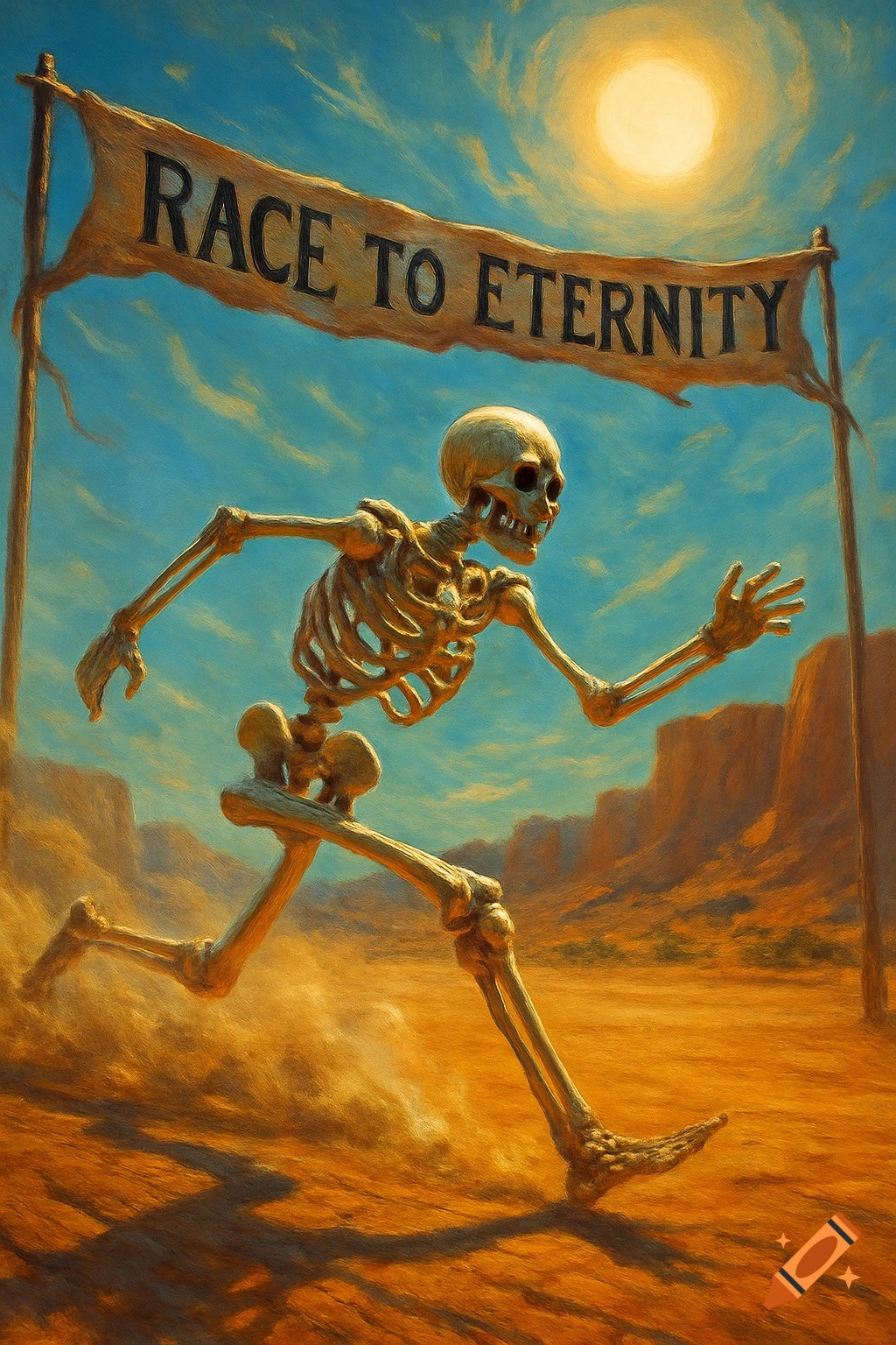 A skeleton runs through a vast, orange desert towards a banner that reads "RACE TO ETERNITY" under a bright sun, in a painted style.